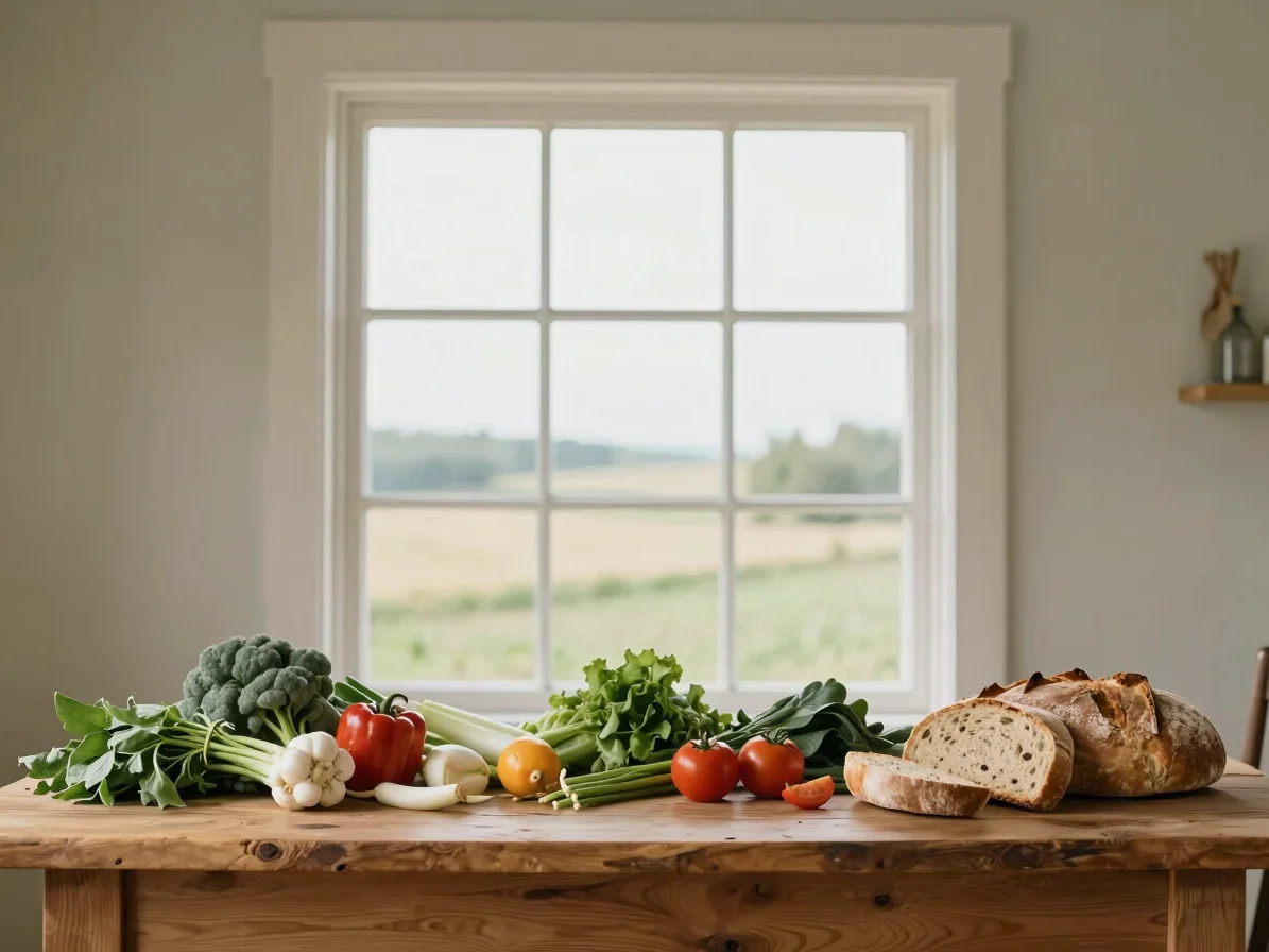 Rural farm table scene with fresh regional produce and bread on a