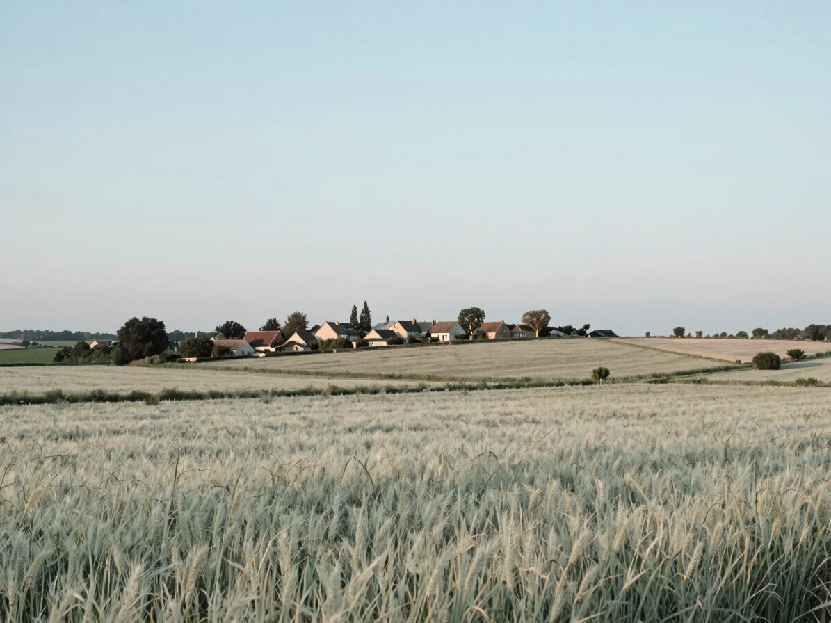 Soft blue hour over a quiet Somme valley with a small village in