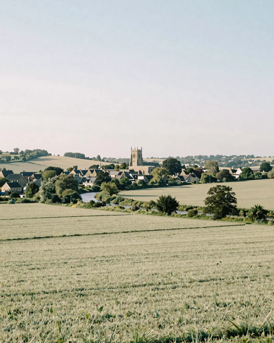 Wide editorial landscape of a quiet Somme valley at soft morning