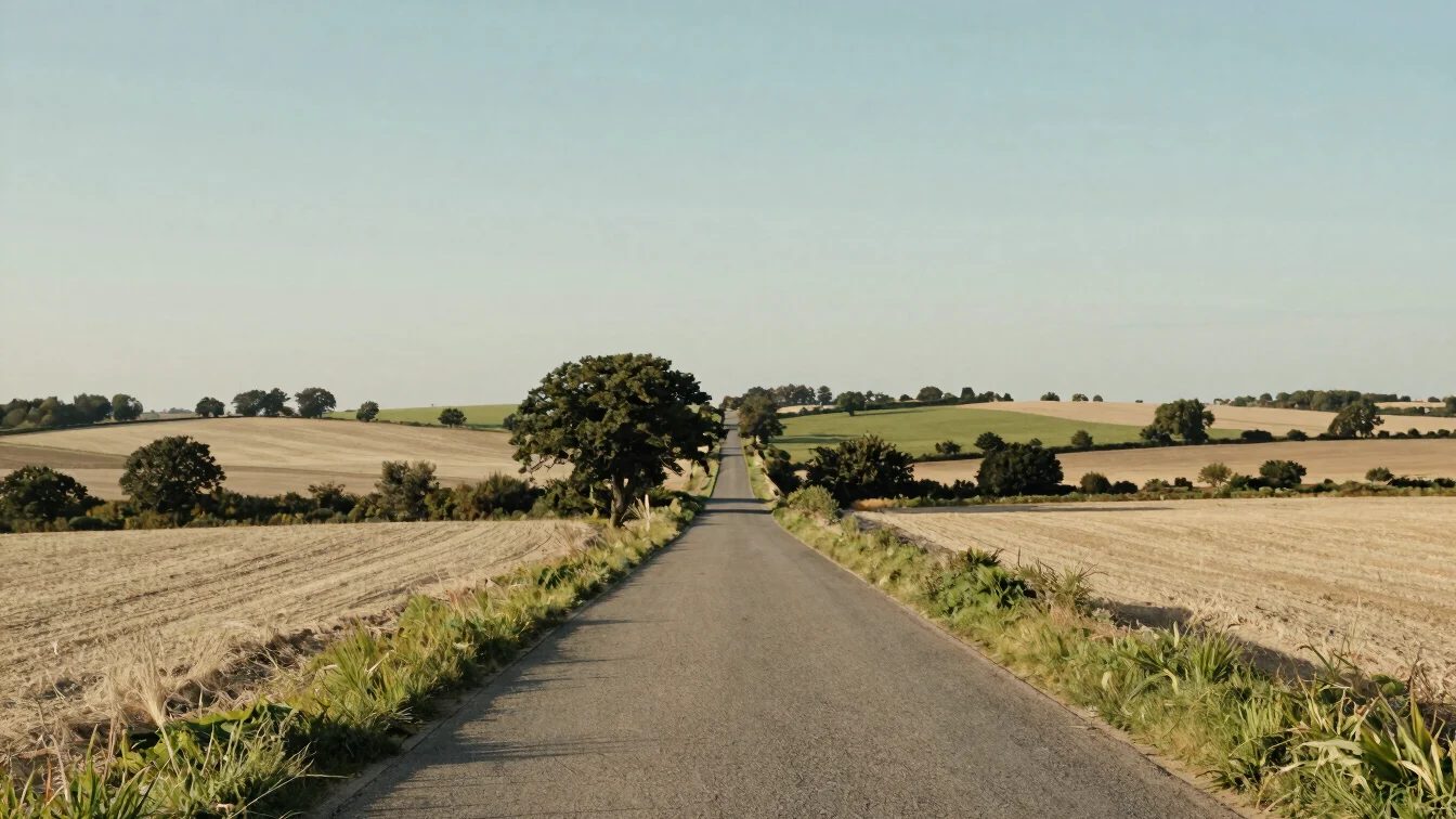 Wide editorial landscape of a Somme valley road at golden hour, f