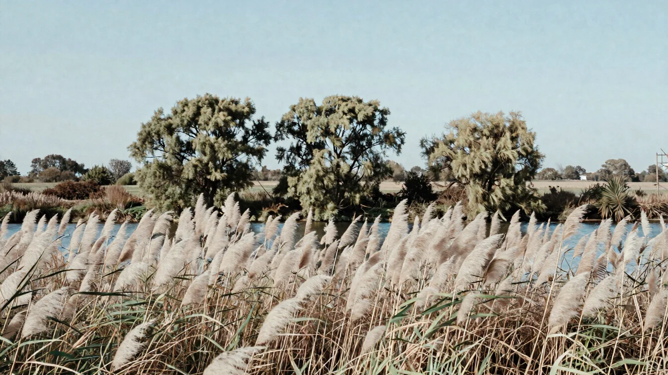 Editorial landscape of a Somme riverbank in early autumn, reeds a