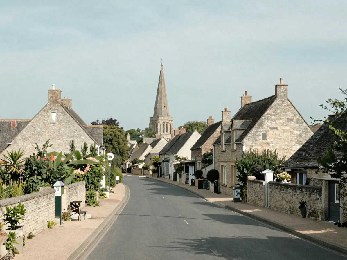 Wide landscape of a quiet Somme village street with stone houses
