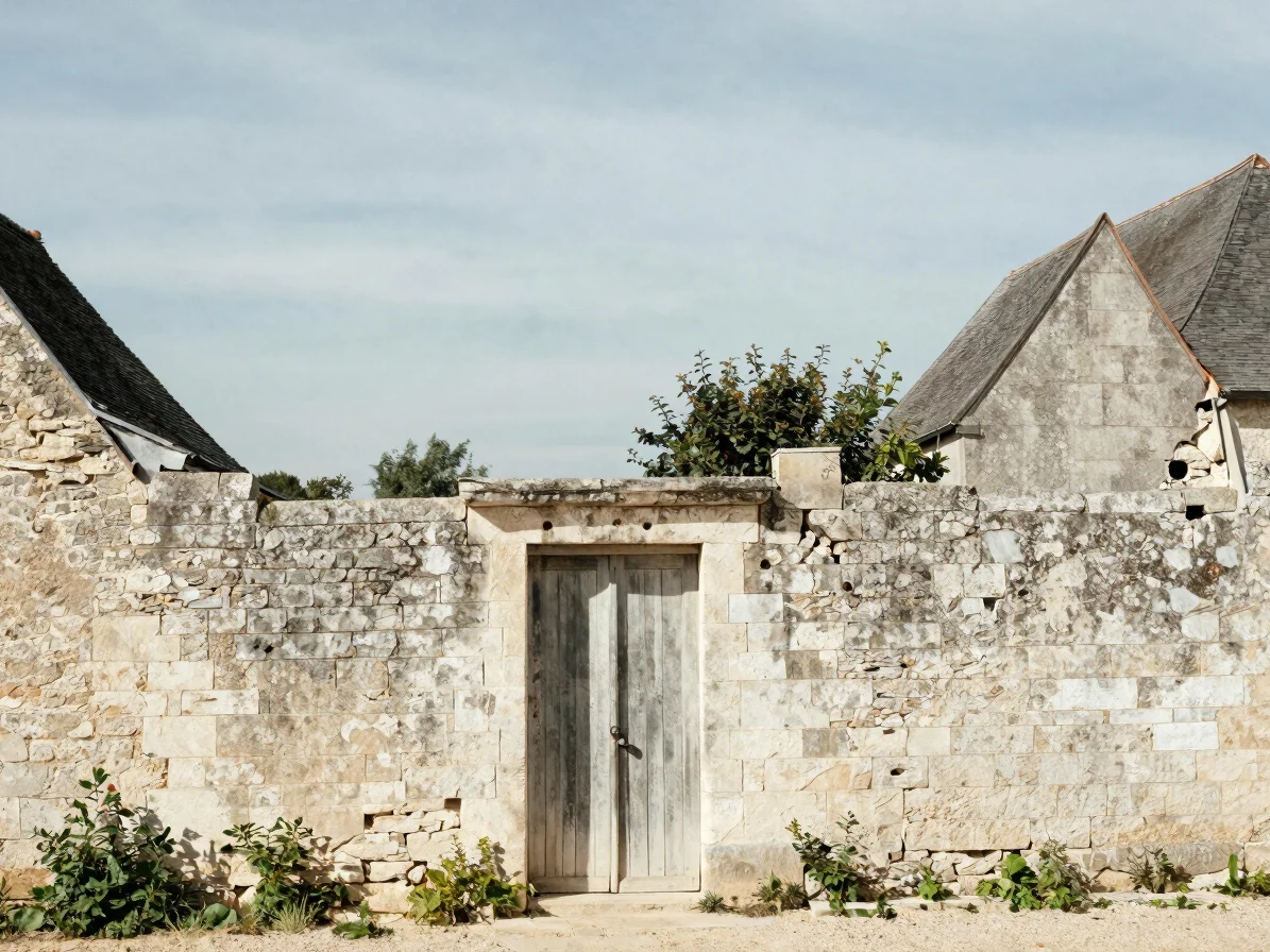 Close architectural detail of weathered stone walls and an old do