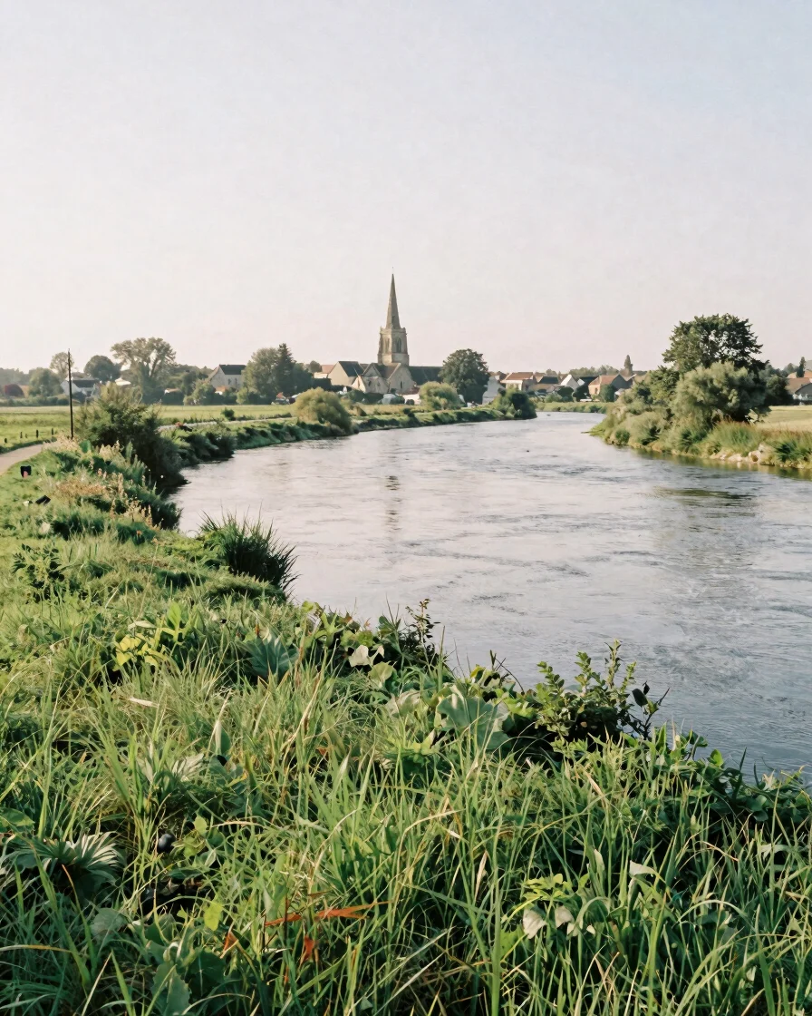 Wide editorial landscape of a slow Somme river bend at soft morni